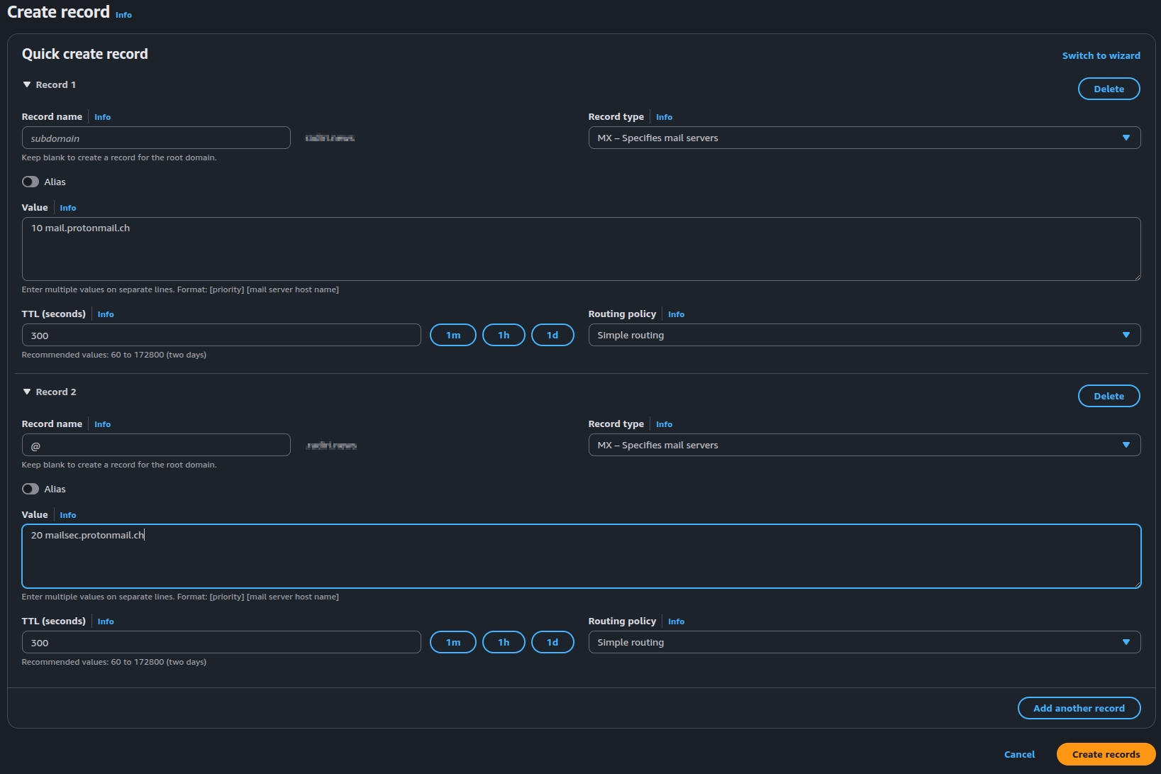Screenshot showing the MX records configuration in Route 53