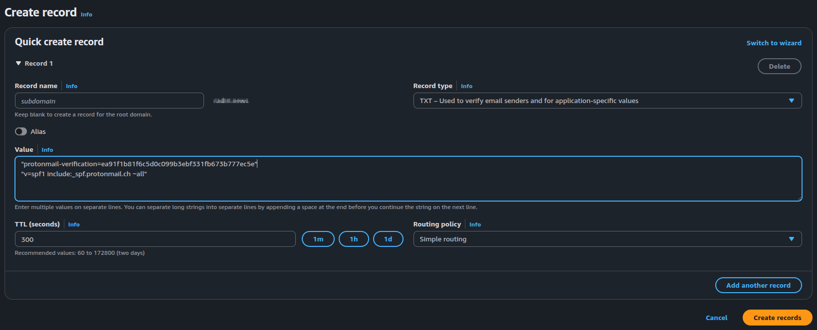 Screenshot showing the SPF configuration in Route 53