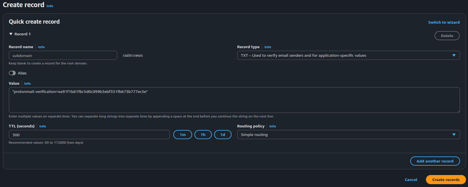 Screenshot showing the TXT record configuration in Route 53