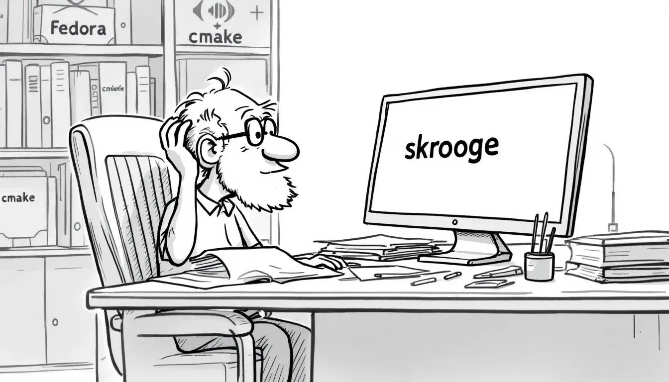 An elderly man sitting at a desk, scratching his head while looking at a monitor with "Skrooge" printed on it. In the background books about "Fedora" and "cmake".