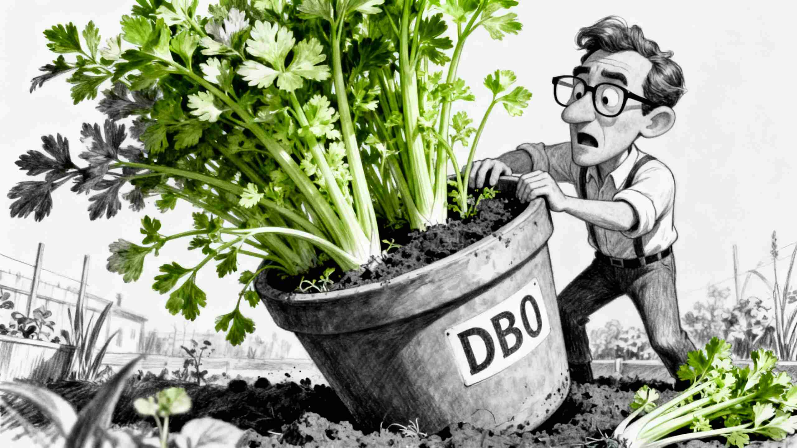 A bespectacled, desperate looking man struggles as he puts too many celery plants into a large pot named DB0.