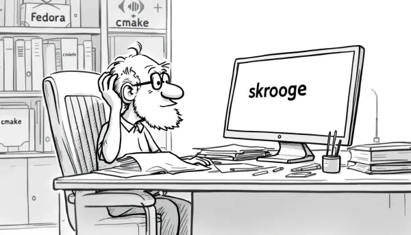 An elderly man sitting at a desk, scratching his head while looking at a monitor with "Skrooge" printed on it. In the background books about "Fedora" and "cmake".