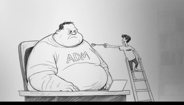 A young hero standing on a ladder, spoon-feeding a fat, frustrated monster named ADM.