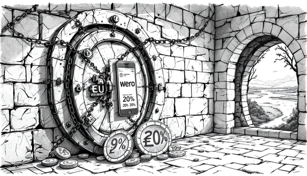 A vault in an old stone wall, heavily protected by chains and locks, a smart phone with the Wero app haphardly attached to it. Next to it, an opening in the wall.