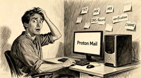 A desperate-looking man, his eyes wide open, sitting at a desk trying to configure Proton Mail. Next to him at the wall, sticky notes about TXT, MX, DNS Record, verification and CNAME.