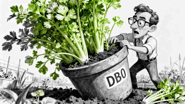 A bespectacled, desperate looking man struggles as he puts too many celery plants into a large pot named DB0.